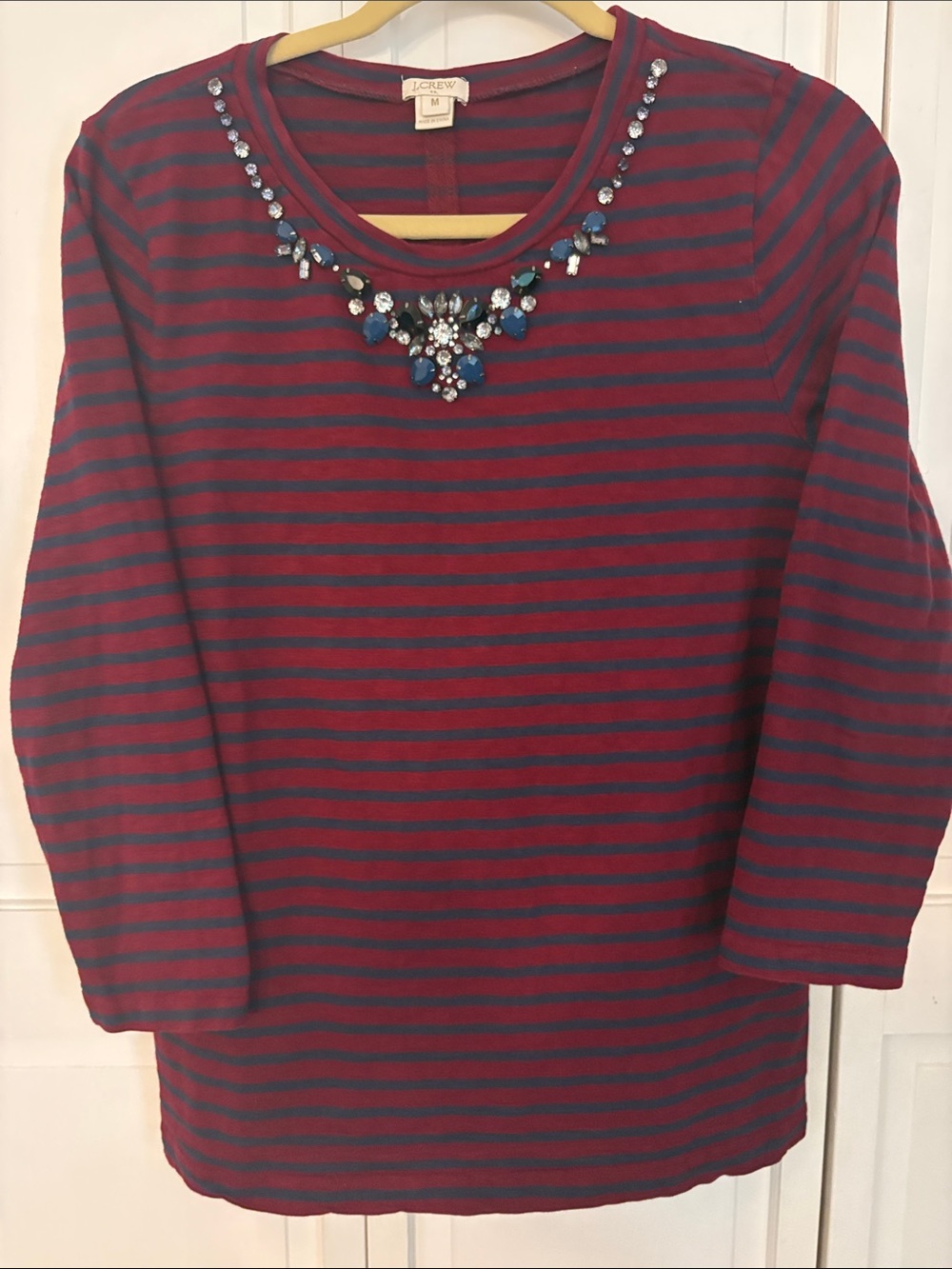 J. Crew Red and Navy Striped Jewel-Neck Long Sleeve Top